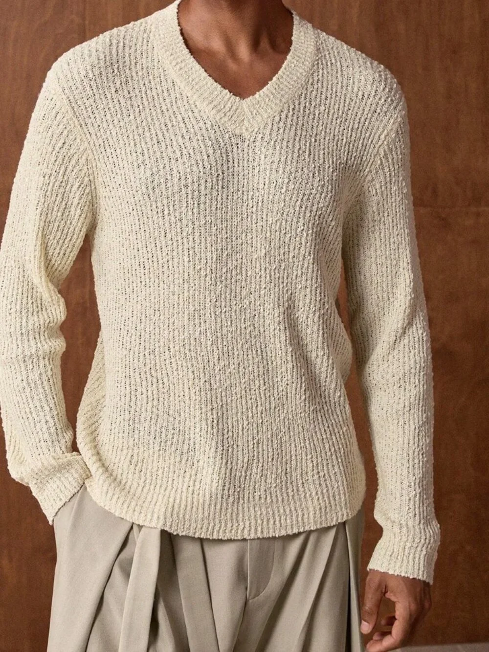 Apricot Casual Men's Ribbed V-Neck Long Sleeve Sweater